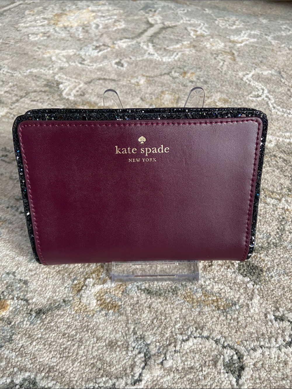 kate spade Seton Drive Tellie Deep Plum and Black Glitter Trim Bifold Wallet